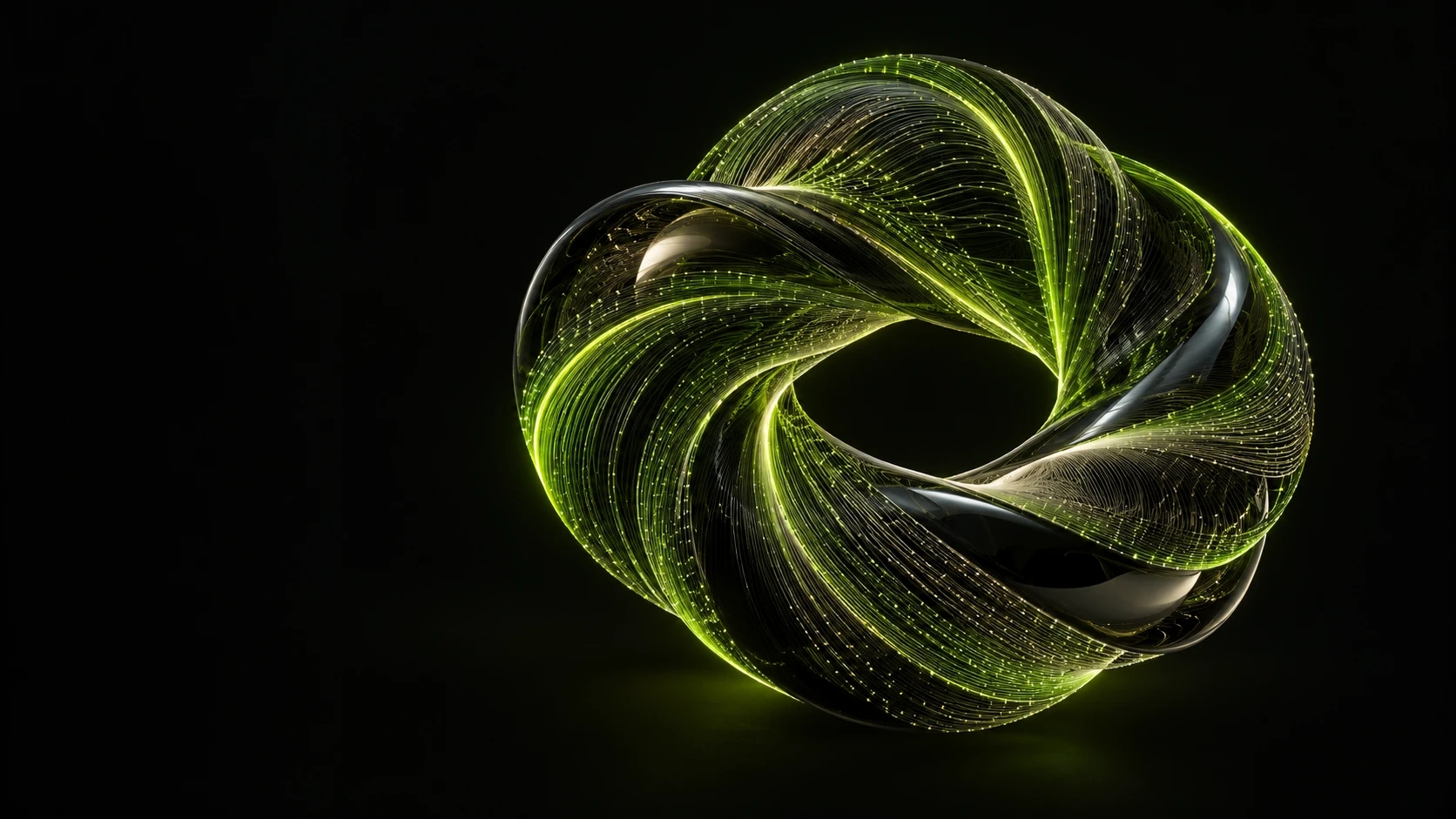 Sculptural loop of luminous green filaments